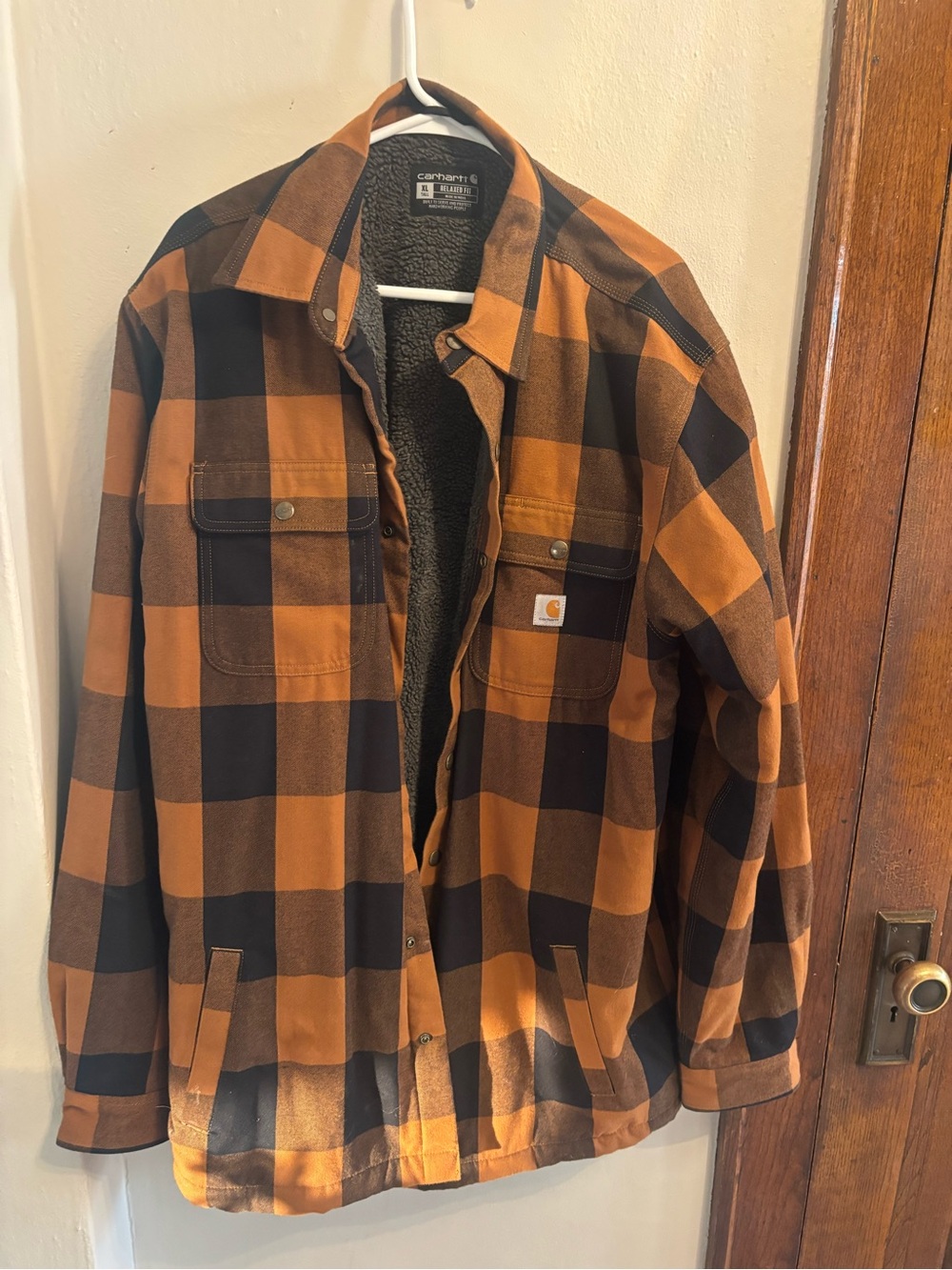 Carhartt Men’s Orange & Black Plaid Lined Shirt Jacket
